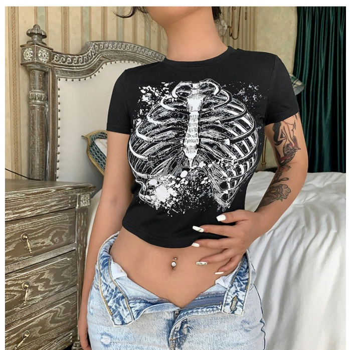 Áo tay ngắn in họa tiết vintage phong cách gothic thời trang mùa hè cho nữ 90s 2022