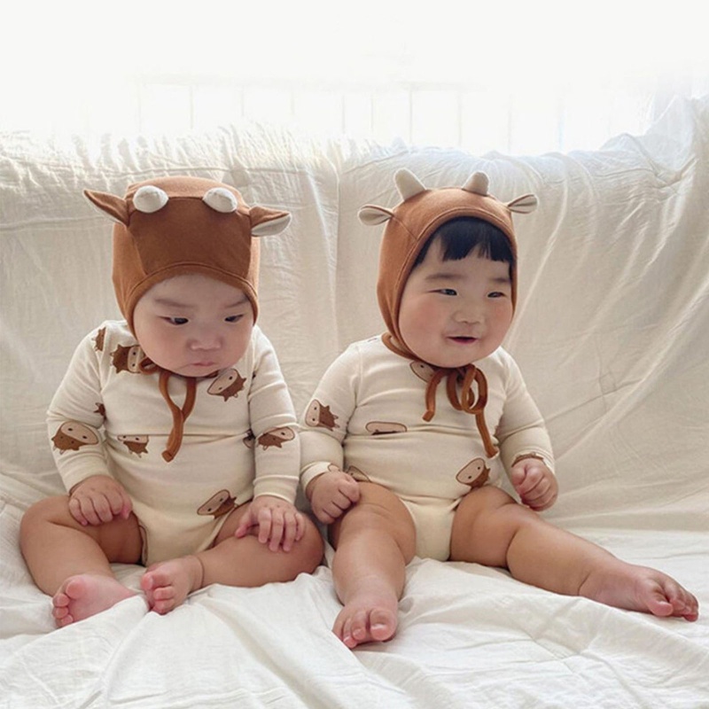 Bộ Áo Liền Quần Tay Dài Kèm Nón Dễ Thương Thời Trang Xuân Thu Cho Bé Trai + Gái