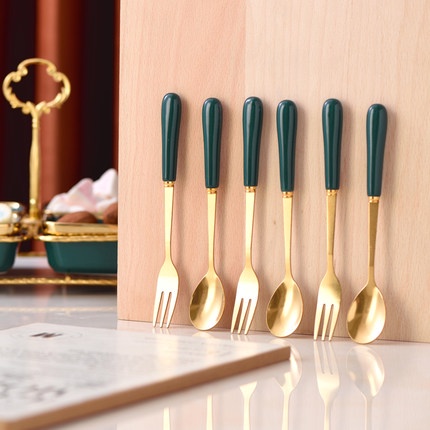 Lọ sứ đựng nĩa, xiên trái cây, muỗng cafe, thìa tráng miệng mạ vàng cao cấp phong cách bắc âu