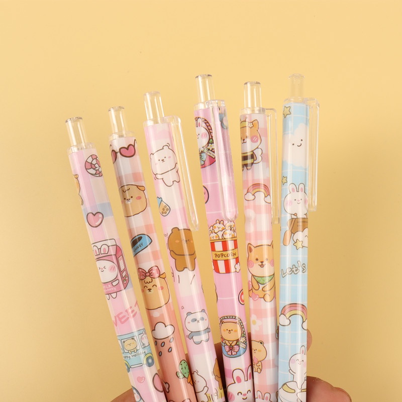 Set 6 Bút Mực Gel Ngòi 0.5 Mực Đen Hình Gấu Hoạt Hình Đáng Yêu