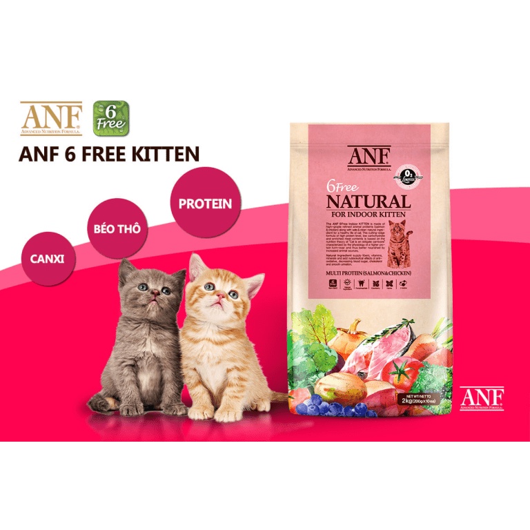 2kg-4kg Hạt Hữu Cơ ANF 6Free Indoor Adult Cho Mèo con, Trưởng Thành - Gà &amp; Cá Hồi – đạt tiêu chuẩn 6 không