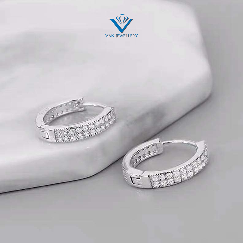 Khuyên tai bạc Khuyên tròn sát tai đính 2 hàng đá mẫu bấm 12mm Van Jewelry V10753
