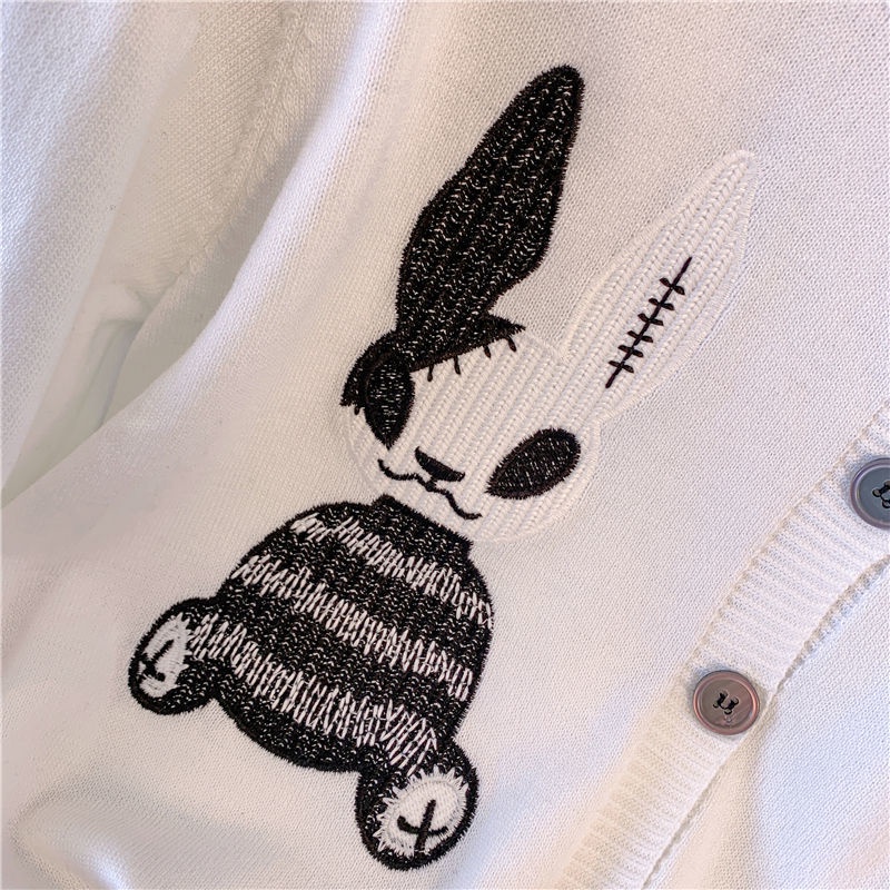 Áo Cardigan Dệt Kim Mỏng Tay Dài Kẻ Sọc Thêu Hình Thỏ Đơn Giản Sang Trọng Hàng Mới