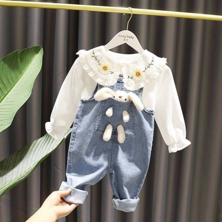 ✨Đốm✨ Bộ Áo Sơ Mi + Quần Yếm Denim Thời Trang Mùa Xuân 2022 Mới Cho Bé Gái