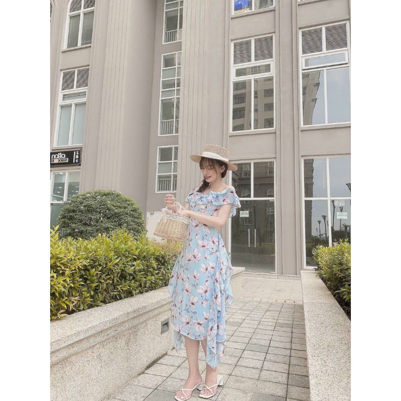Đầm maxi hoa bẹt vai bèo tà đổ