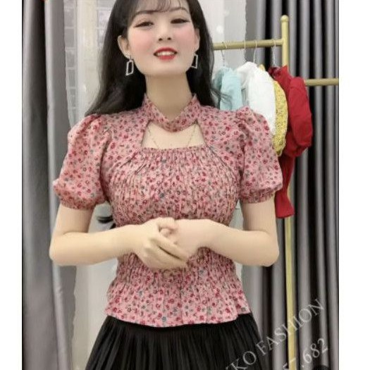 Áo Kiểu Hoa Nhí Ngắn Tay _ Thiết Kế Khoét Ngực Và Bo Chun.