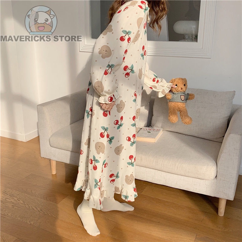 Đầm ngủ FDS dáng dài tay dài họa tiết cherry thời trang Hàn Quốc cho nữ