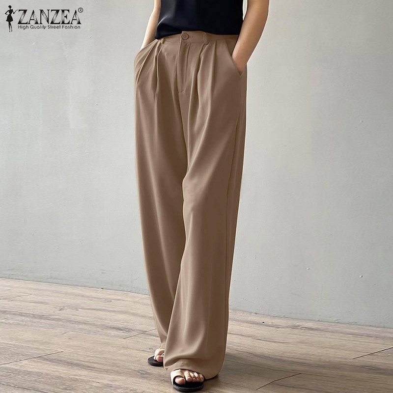 Quần dài ống rộng ZANZEA màu trơn phong cách Hàn Quốc thời trang vintage cho nữ