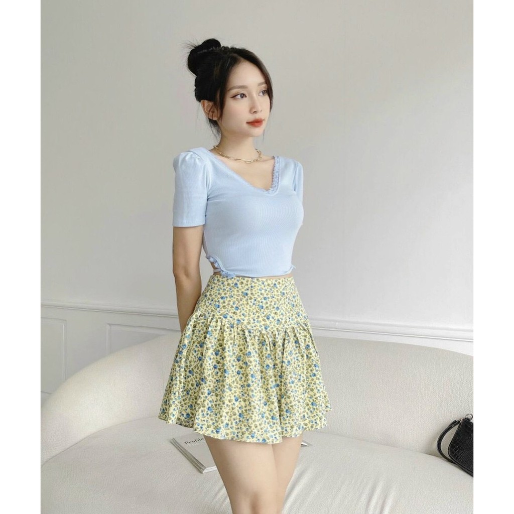 Áo kiểu croptop cổ V viền ren cột dây lưng cực xinh , chất thun gân mềm mịn ( ảnh thật )