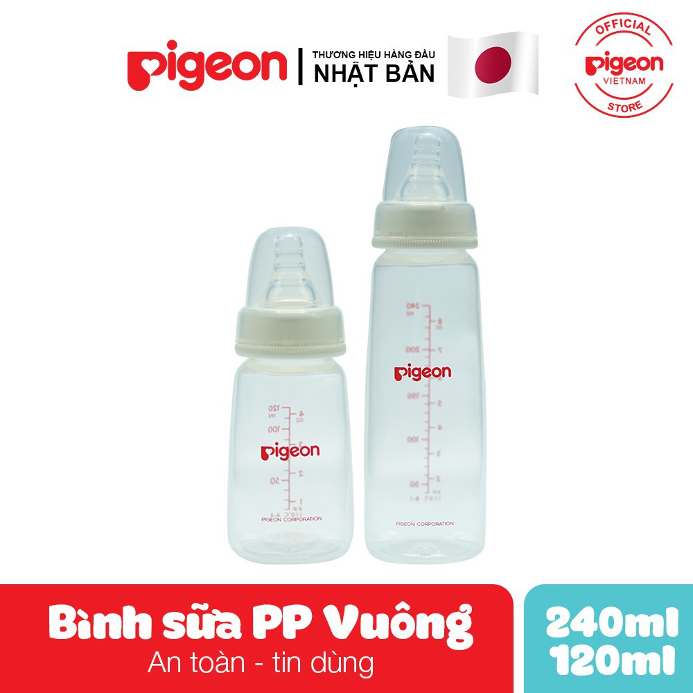 Bình sữa Pigeon PP vuông với núm ti silicon siêu mềm cho bé 120ml/240ml