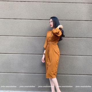 Đầm suông sơ mi sọc vàng nâu cột nơ eo