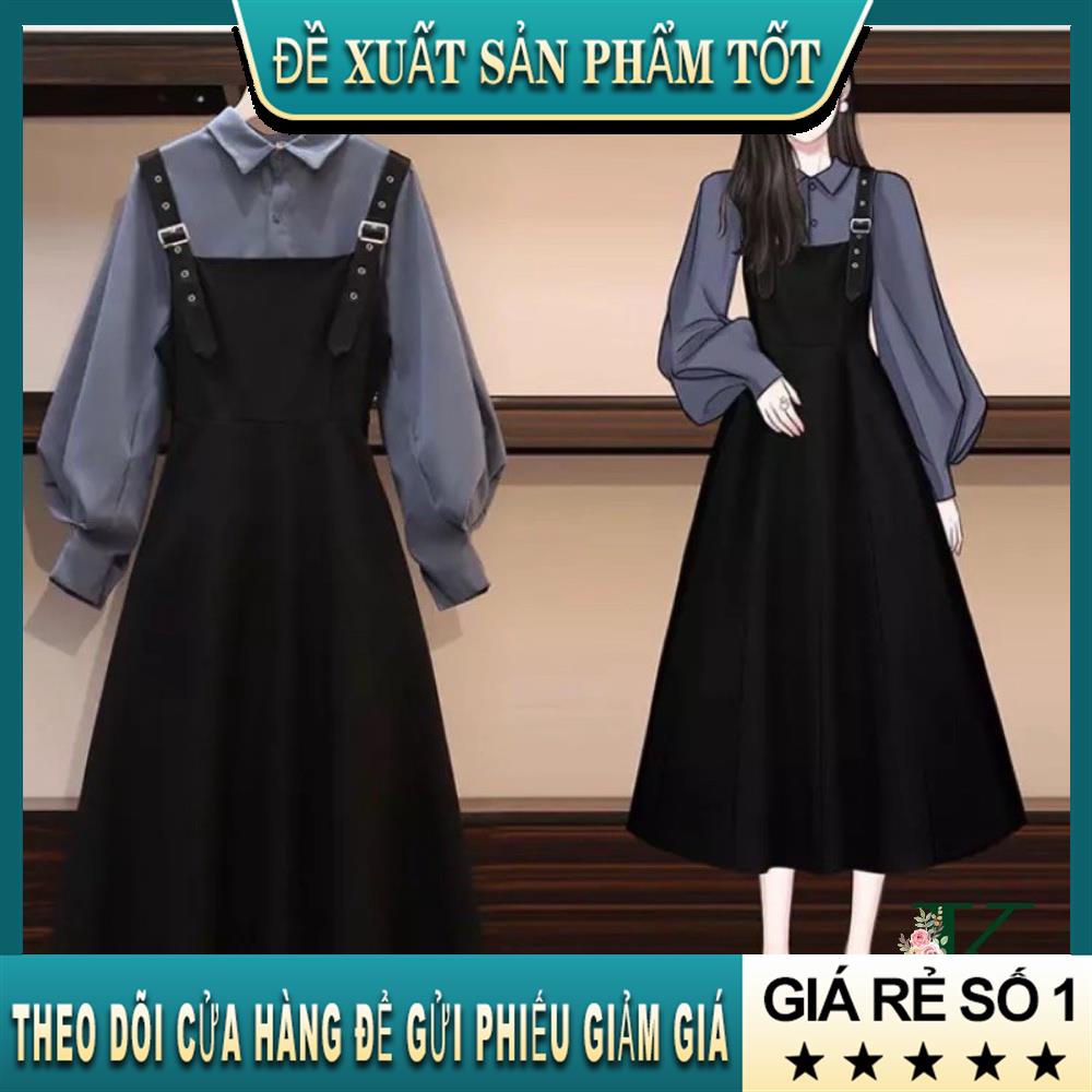 2021□Váy yếm nữ kèm áo tay bồng đầm dự tiệc cưới phong cách tiểu thư Hàn Quốc hai màu trắng, xanh thời trang, có bigsize