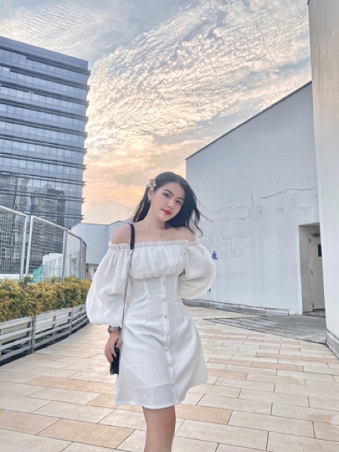 Đầm trễ vai tay phồng nút bọc Đầm dự tiệc Jna Official | BigBuy360 - bigbuy360.vn