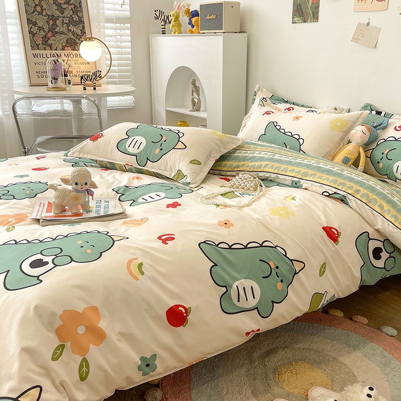 Bộ Vỏ Chăn Ga Giường Và 2 Vỏ Gối Đầu Mẫu Khủng Long Cute Cho Đệm, Drap 1m2, m4, m6, m8, 2m2 Chất liệu Cotton Poly Đẹp