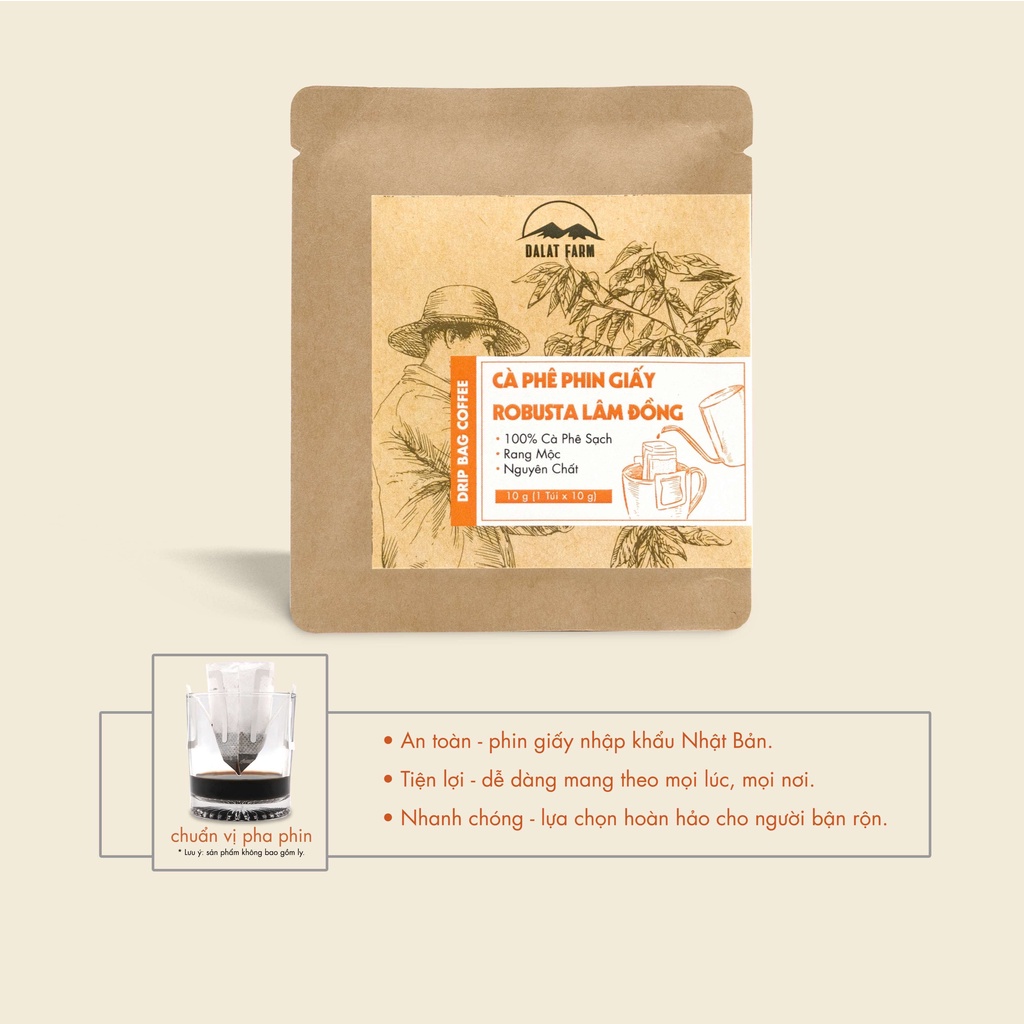 Cà phê phin giấy Robusta Lâm Đồng DalatFarm - Túi 10 g