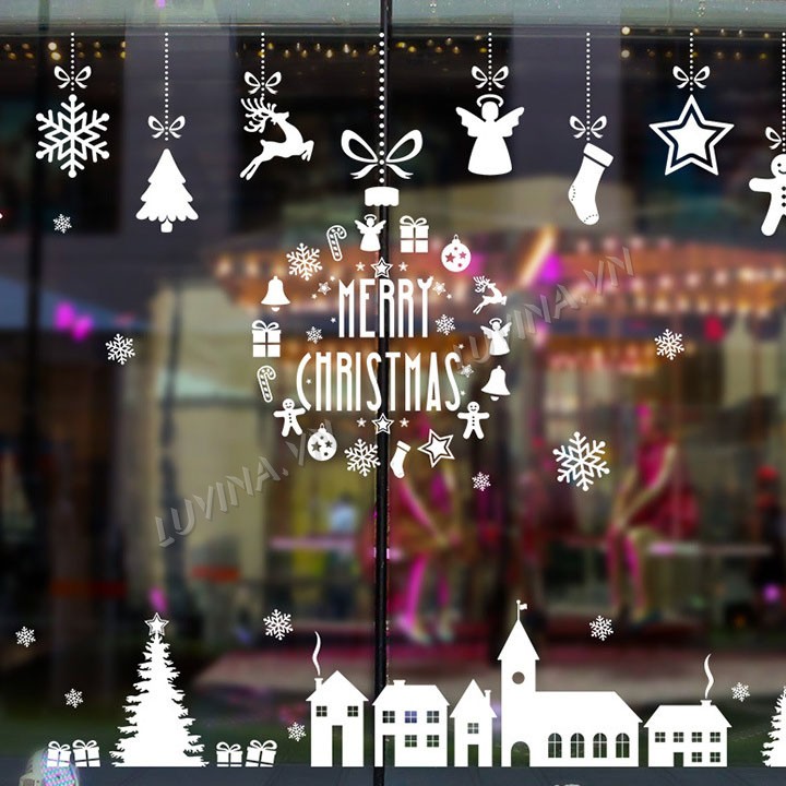 Decal dán kính noel Hàn Quốc- trang trí nhà cửa, văn phòng, quán cafe, cửa hàng-  Thành phố Noel trắ