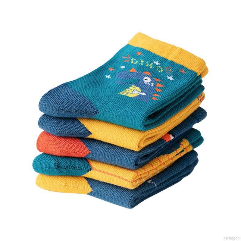 Set 5 đôi tất cotton mềm thoáng khí in hình khủng long hoạt hình cho bé trai từ 1-12 tuổi