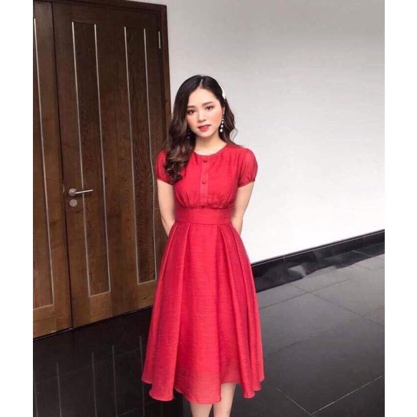 Đầm Nữ Xòe Xếp Ly Đính Nút Bọc Siêu Dễ Thương Thời Trang Bonucci