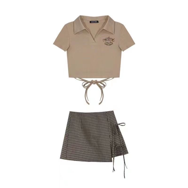 AMOI Bộ Áo Polo Ngắn Tay + Chân Váy Ca Rô Xinh Xắn Theo Phong Cách 2022 Dành Cho Nữ