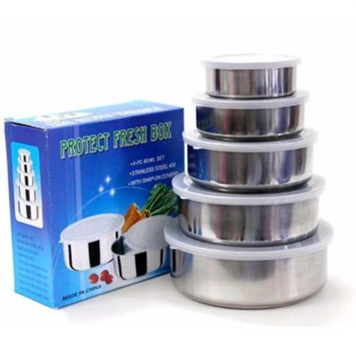 Bộ 5 thố inox Protect fresh box  đựng đồ ăn nhà bếp có lắp đậy, bộ tô 5 món inox đựng thức ăn