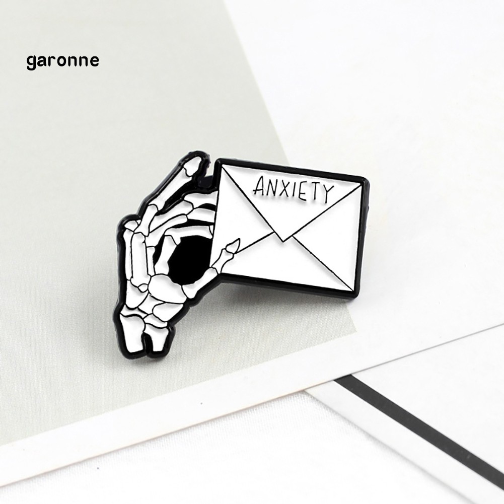GA_ANXIETY Letter Skeleton Hand Enamel Brooch Pin Men Women Jeans Jacket Jewelry