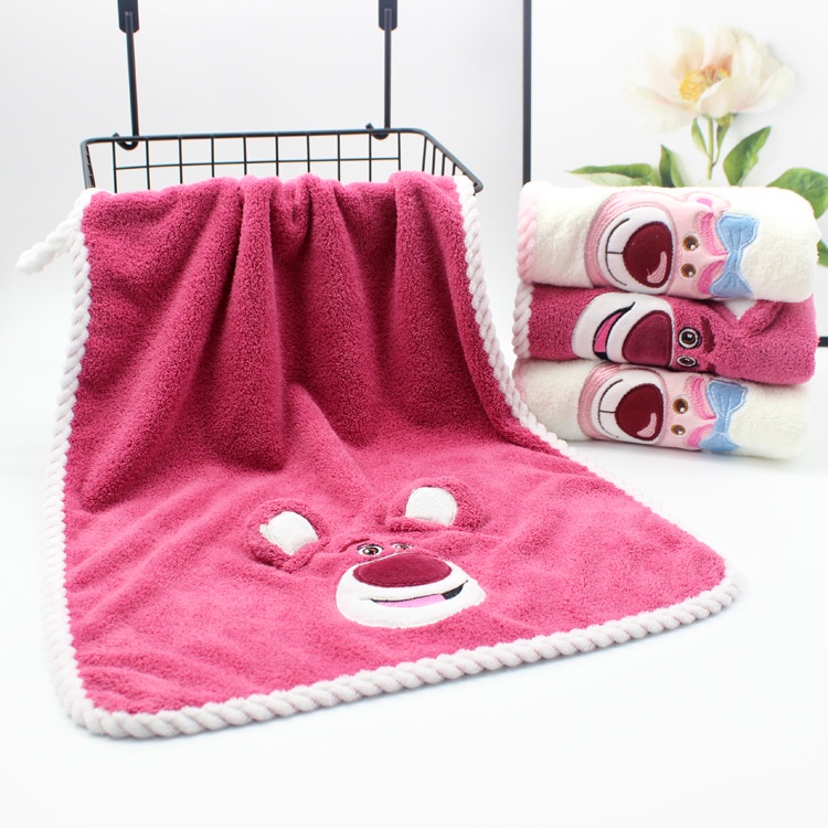 Bộ Khăn Tắm Vải Lông Cừu San Hô Dày Dặn Thấm Hút In Hình Gấu/Dâu Tây Dễ Thương Cho Bé