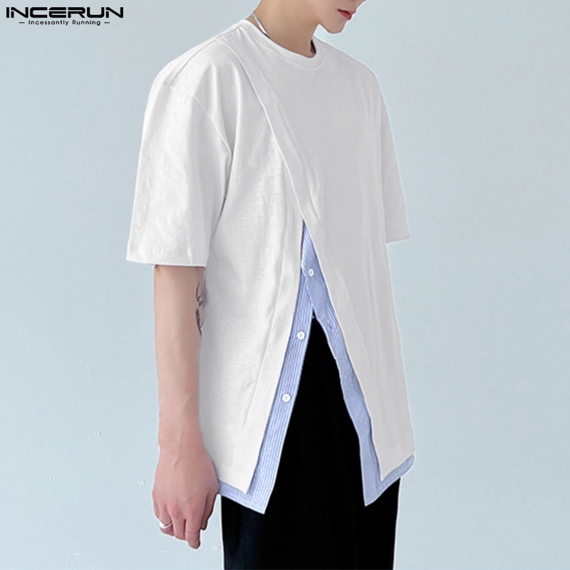 Áo thun INCERUN tay ngắn thiết kế ghép phối sọc kiểu mùa hè cho nam