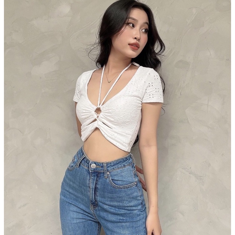 ÁO CROPTOP CỔ TIM CỘT DÂY TAY NGẮN