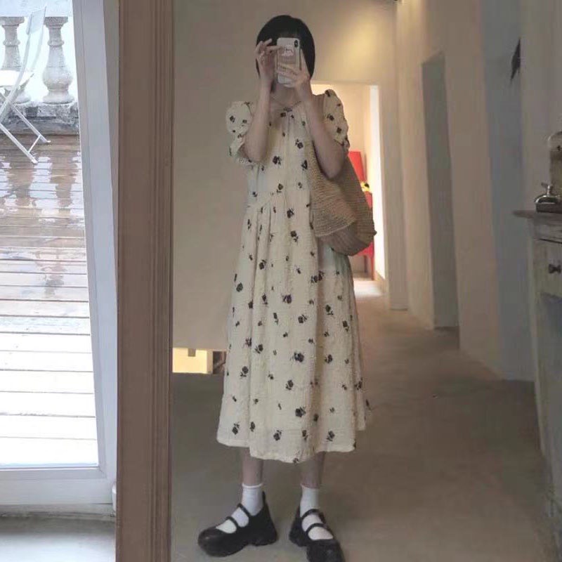 Đầm babydoll cộc tay họa tiết hoa hồng  Váy nữ dáng dài chất vải thô lụa mềm mát style Hàn quốc GUU