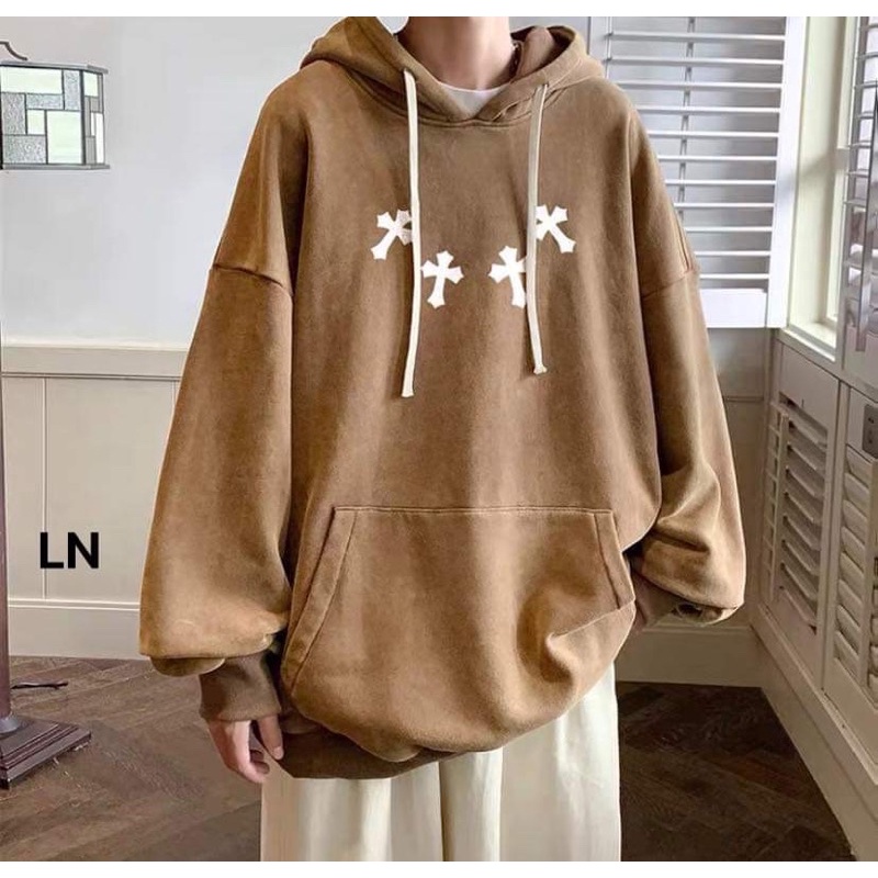 Áo hoodie vòng cổ chữ thập mũ 2 lớp TH6