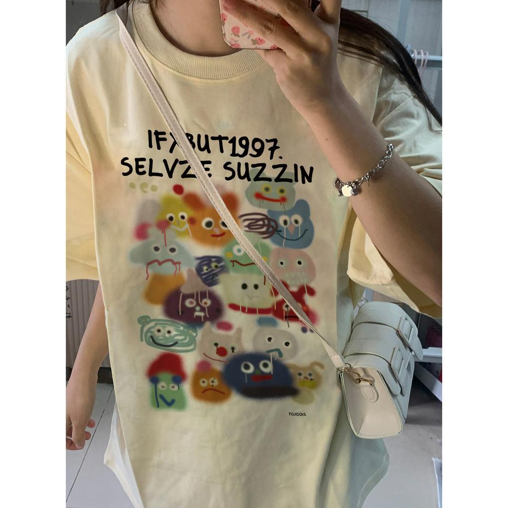 SELVZE Áo Thun cotton Tay Ngắn Dáng Rộng in Hình Quái Vật Nhỏ Phong Cách Vintage Hợp Thời Trang