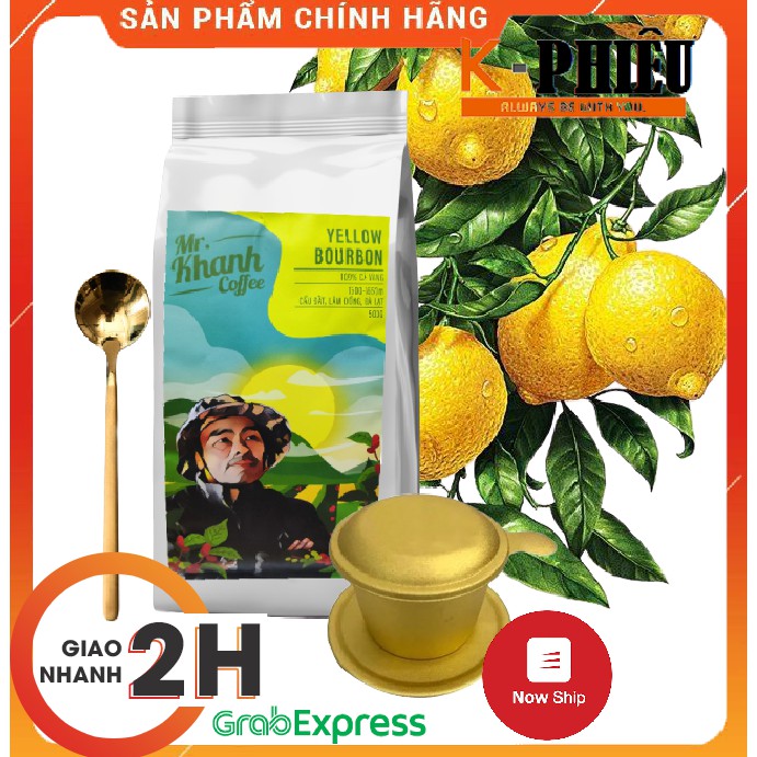 Cà Phê Yellow Bourbon Võ Khanh Cầu Đất Arabica 100% K Phiêu (Túi 500g)- Tặng Phin và muỗng inox vàng óng ánh