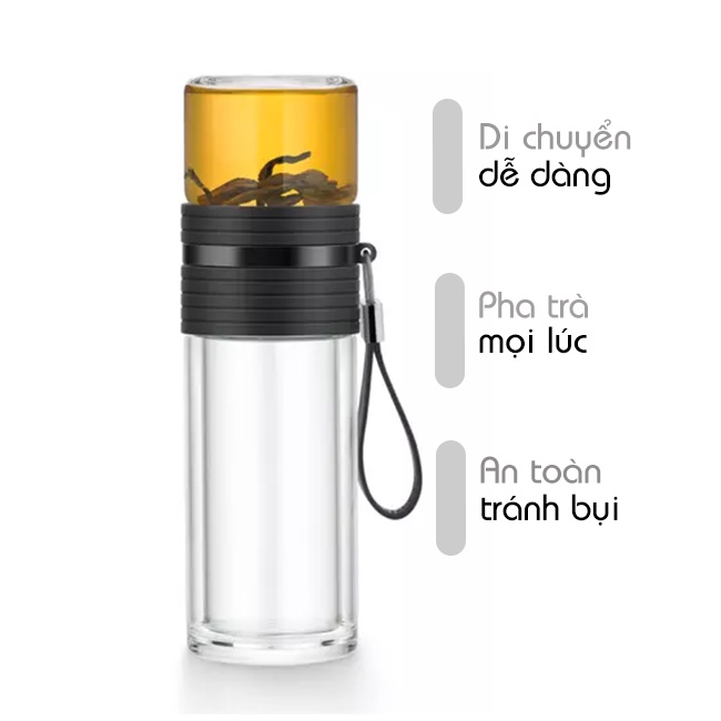 Bình lọc trà thủy tinh di động màu đen có dây C001A 238ml - Ấm trà thủy tinh chịu nhiệt cho di chuyển Samahome Shope