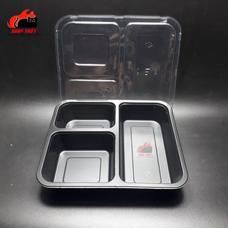 Hộp cơm 3 ngăn đế đen HT19 (50 hộp)-Hộp cơm dùng một lần.