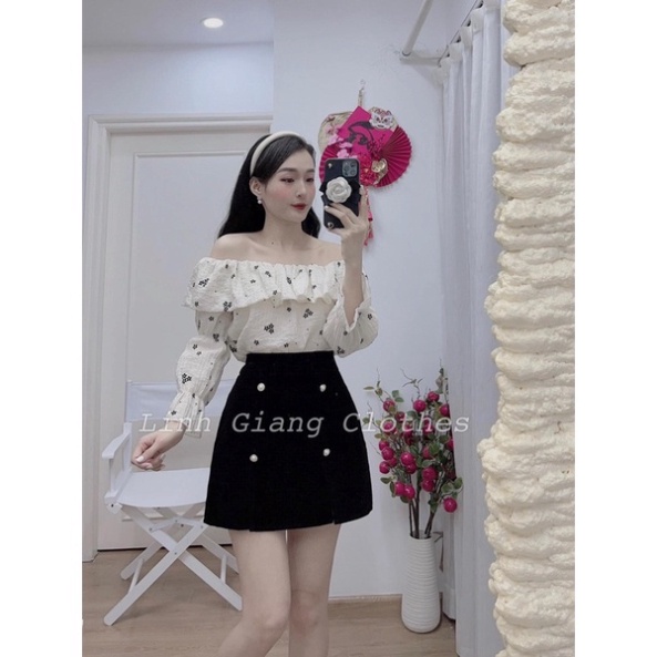Sét Váy Hoa Trễ Vai Mix Chân Váy