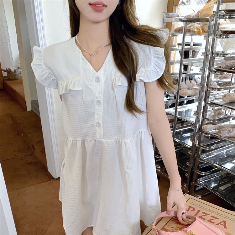 Đầm Tay Ngắn Phối Ren Màu Cà Phê Thời Trang Mùa Hè Hàn Quốc 2022 Mới