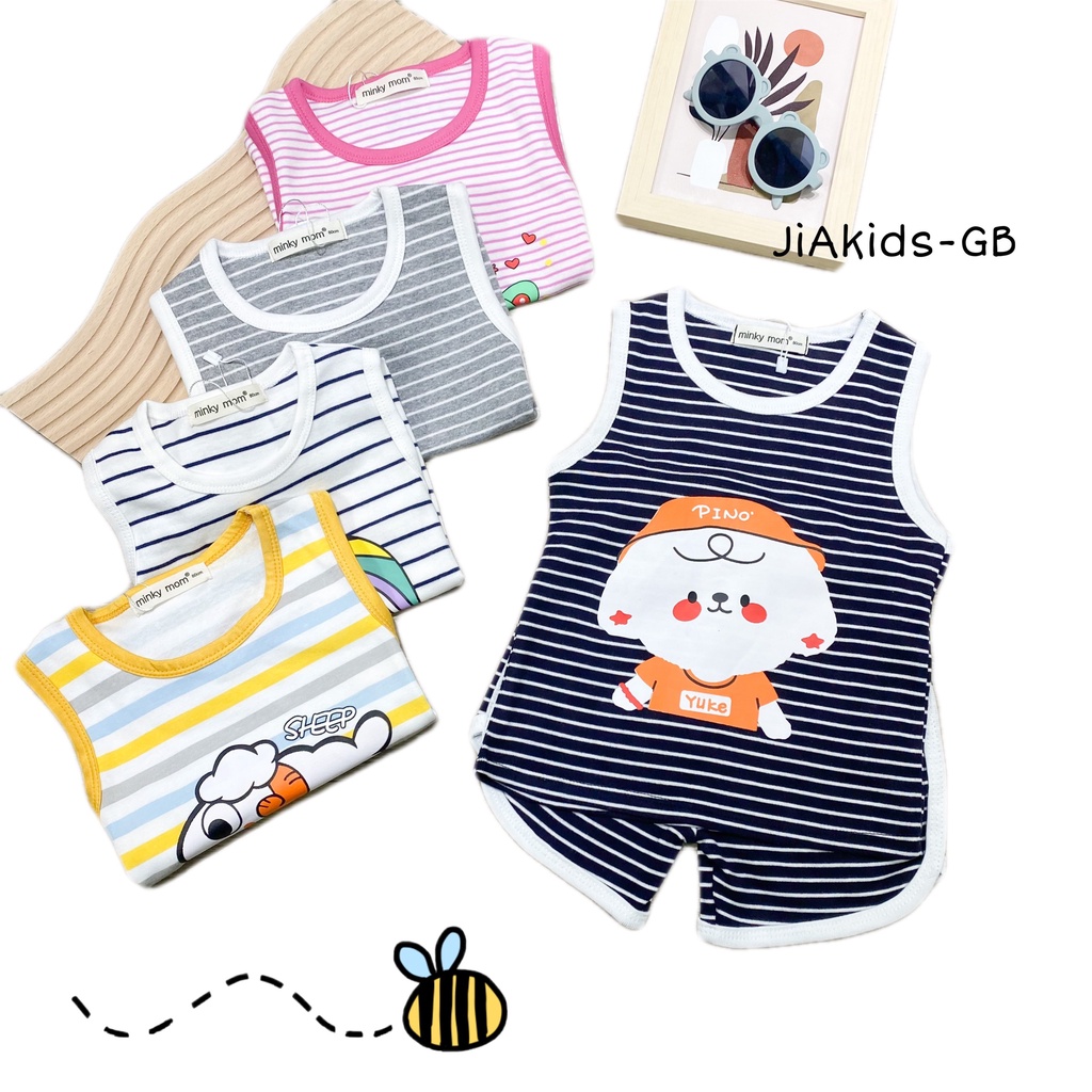 Bộ Ba Lỗ COTTON HÀN MINKY MOM Vải Sọc Bo Viền In Hình Dễ Thương Cho Bé BL-IN27