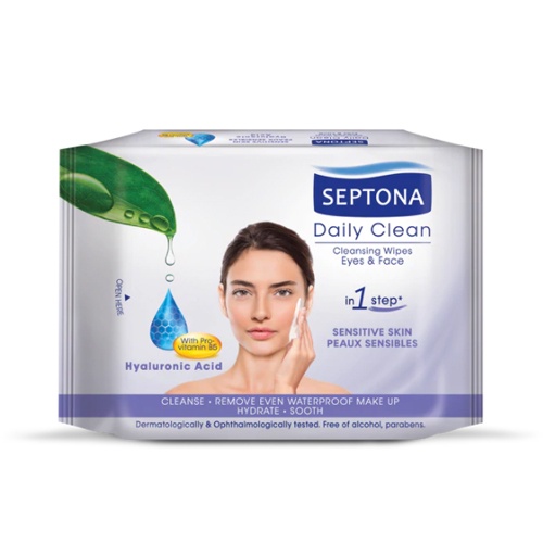 Khăn ướt tẩy trang hằng ngày Hyaluronic Acid và Pro-vitamin B5  - Septona/Daily Clean Cleansing Wipes Eyes &amp; Face Hyalur