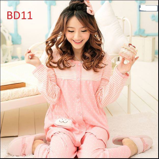 Bộ đồ bầu và sau sinh cho bé bú hình chấm bi hồng cam, hàng Quảng Châu cao cấp mã BD11