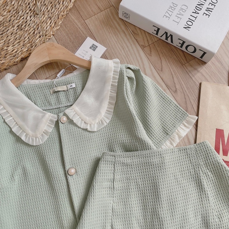 SET xanh Ngọc Cổ Sen mix chân váy ren trắng