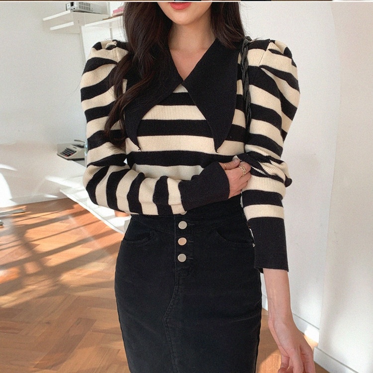 Áo sweater dệt kim SUXI tay dài kẻ sọc ngang thời trang cho nữ