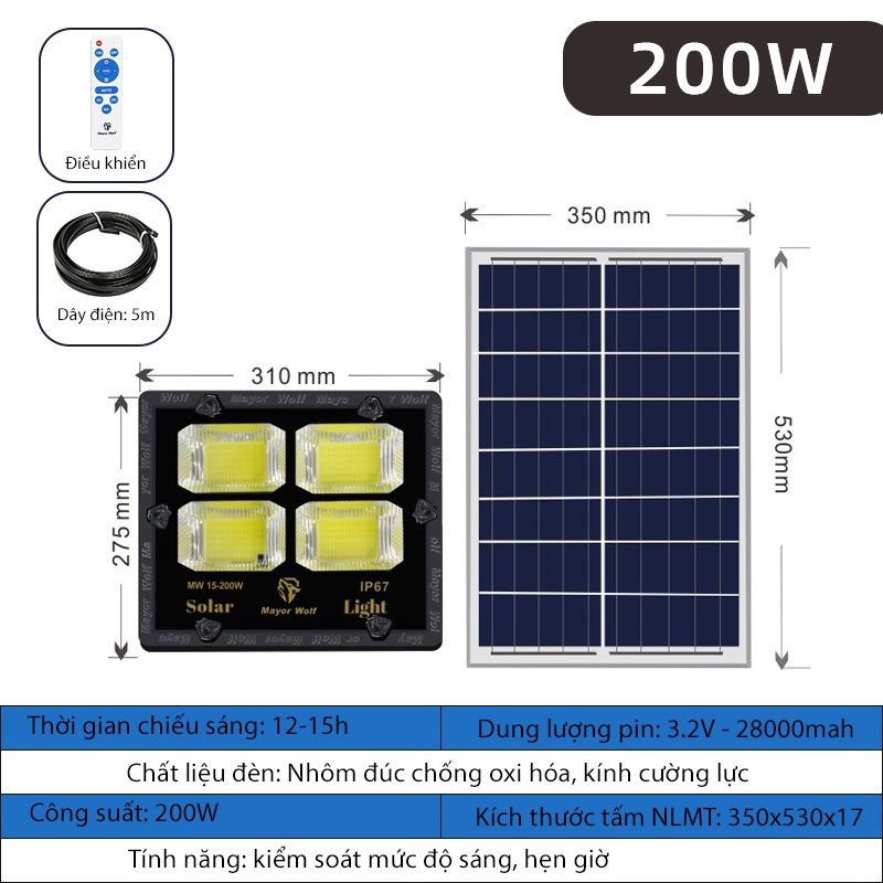 Đèn pha năng lượng Mặt Trời Mayor Wolf 200w _siêu sáng.