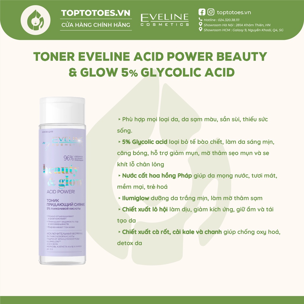 Toner Eveline 5% Glycolic acid làm da căng bóng, sáng mịn, mờ thâm sạm