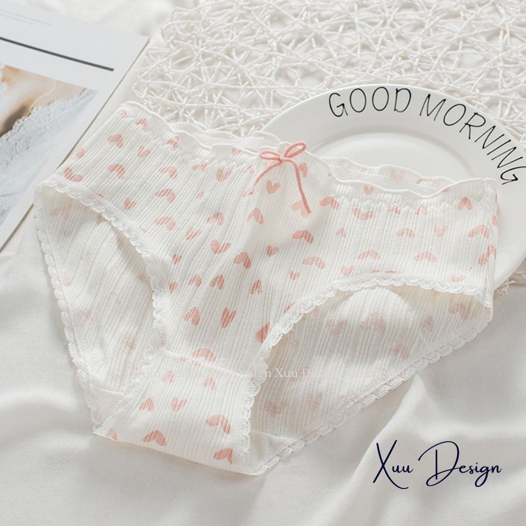 Quần lót cotton nữ Wexuu Design, Quần lót nữ chất cotton phối viền ren họa tiết dâu nơ dễ thương QC31
