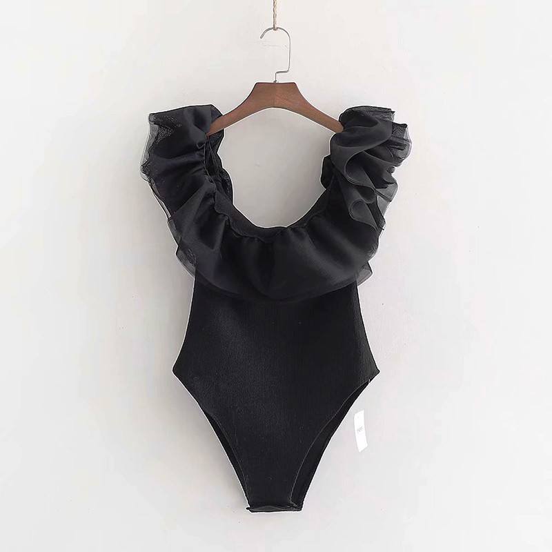 (Order) Áo bodysuit cổ voan bồng màu đen. Hàng TQXK, liên hệ người bán trước khi mua hàng.