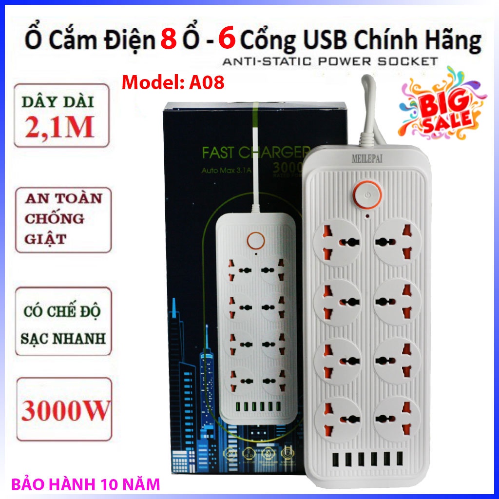 Ổ Điện Chống Giật A08 Đa Năng Thông Minh, 8 Ổ Cắm Tích Hợp 6 Cổng USB Sạc Nhanh 3.1A - Chống Cháy Nổ - Bảo Hành 10 Năm