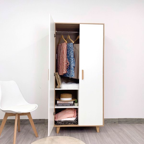 Tủ quần áo gỗ 2 cánh kết hợp treo và ngăn tiện lợi, tủ quần áo iga shelf - gp129