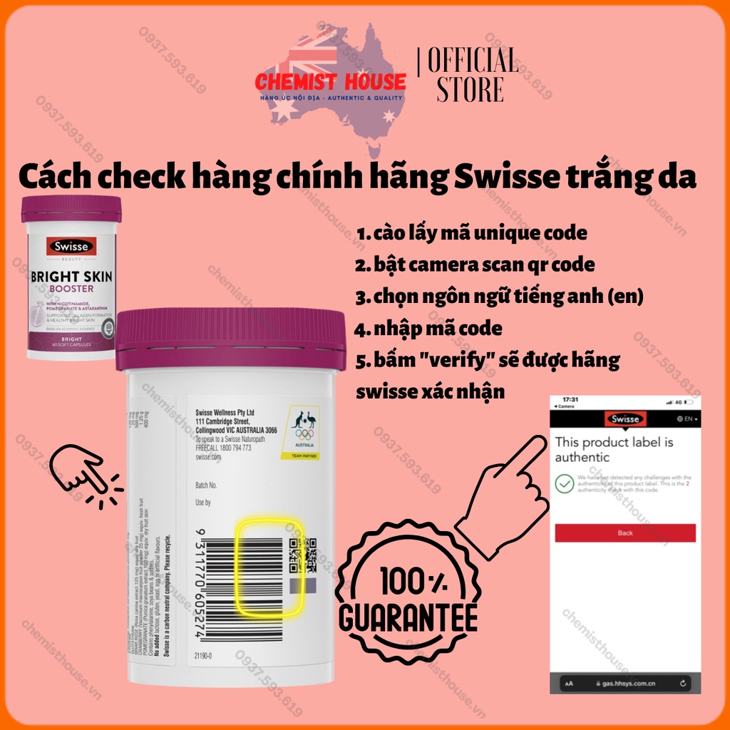 Combo Collagen thủy phân + viên uống trắng da chống nắng Swisse Úc Swisse Collagen Glow peptides + Swisse Bright Skin