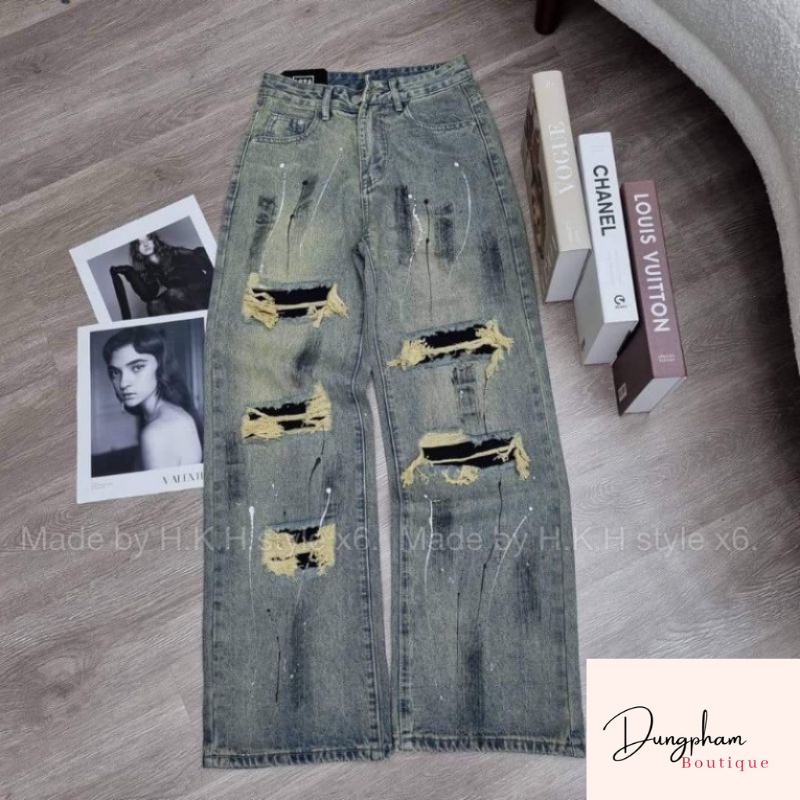 Quần jeans suông rách vẩy sơn hàng QCL1 - Dungpham Boutique
