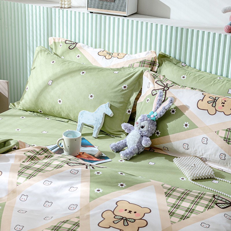 Bộ vỏ chăn ga gối cotton poly nhập khẩu _ chăn ga Hàn Quốc họa tiết gấu xanh_miễn phí bo chun theo size nệm